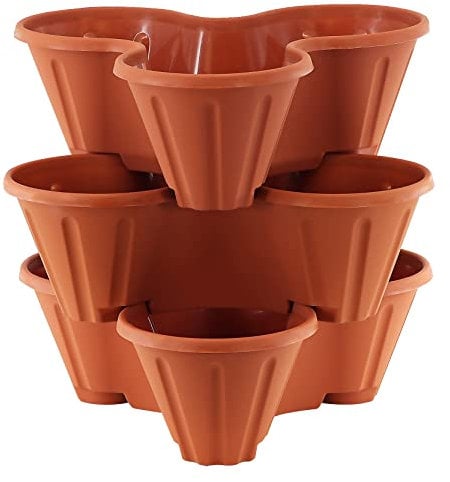 GEEZY Set of 3 Stackable Strawberry Planter – Terracotta Brown, Tiered Planters for Outdoor Vertical Gardening, Space-Saving Durable Pots for Gardens, Patios, Balconies – Ideal for Herbs & Plants