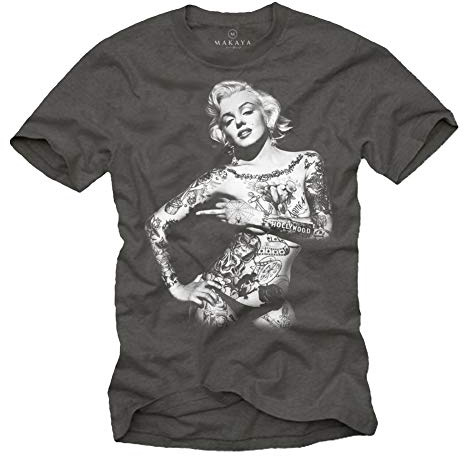 MAKAYA Marilyn Herren T-Shirt - Tattoo Pin Up - Grau Größe XXXXL