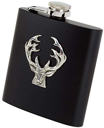 Farm Cottage Brands 6oz oblong stainless steel, black leather covered hip flask with funnel in a presentation box - with a pewterware motif of a stag's head and antlers