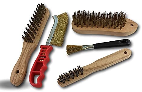 Lot de 5 brosses métalliques à main | 1 soudeur acier rond dur | 1 violon acier souple | 1 bougie acier rond dur | 1 brosse skrib acier laitonné | 1 pinceau acier laitonné souple | Kibros BROMET5