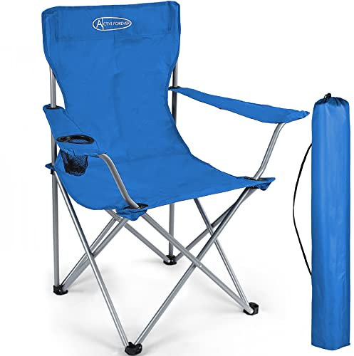 ACTIVE FOREVER Campingstuhl Faltbar, Klappstuhl Leichter Tragbarer Stuhl mit Getränkehalter und Armlehnen, bis 100kg Belastbar, Angelstuhl für Camping, Strand, Garten, Grillen, Angeln - Blau