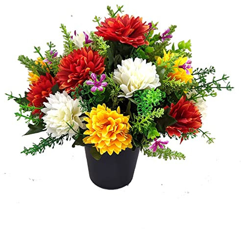 Artificial Spikey Mum Flowers in Crem Grave Pot - Memorial Insert (Orange)