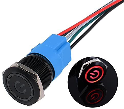 JIQI 22mm Momentane wasserdichte Druckschalter 12V bis 24V 5A EIN/AUS Taste Schalter mit LED Beleuchtung Schwarzes Metallgehäuse vorverdrahte Momentary Drucktaster für KFZ DIY Auto Motorrad(Rot)