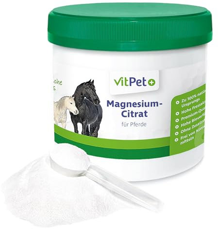 VitPet+ Magnesiumcitrat für Pferde – Magnesium Pferd – Premium Magnesiumcitrat Pulver – Zur Unterstützung von Muskulatur und Nervensystem – 500 g inklusive Dosierlöffel