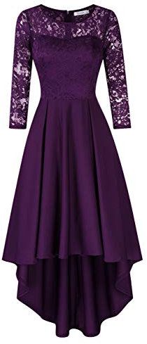 KOJOOIN Women Lace Dress Crew Neck 3/4 Sleeve Midi Dress 50s Vintage A-line Dinner Prom Dress for Party Cocktail Purple-3/4 Sleeves L