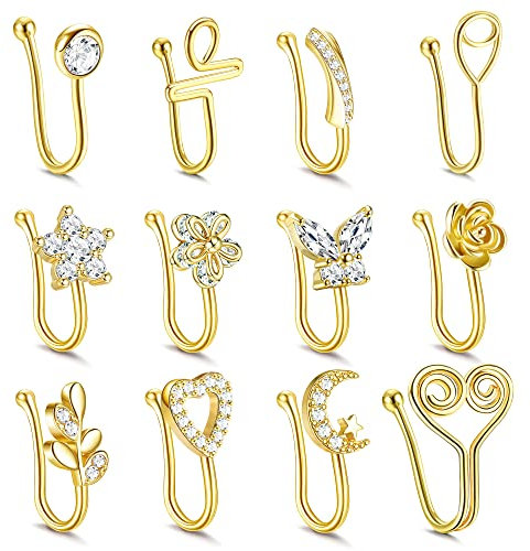 Kakonia 12stk Fake Nose Ring für Damen Verstellbare Fake Nasenpiercing ring Zirkonia Schmetterling Blume Fake Nasenring Piercing Gold