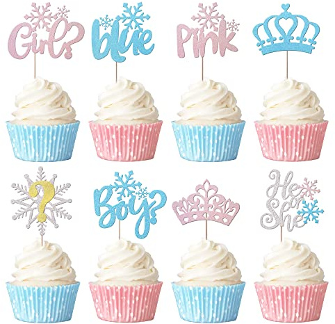 Xsstarmi 32 Pack Snowflake Boy or Girl Cupcake Toppers Glitter Blue or Pink Cupcake Picks Crown Cake Decoration for Gender Reveal Theme Baby Shower Birthday Christmas Party Decorations