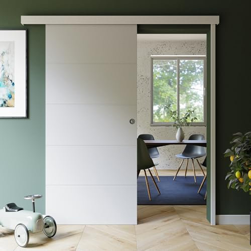Mon Marché Déco Kit Porte Coulissante Prépeinte Ligne Avec Rail 93 cm, Système Coulissant en Applique, Rail Coulissant Breveté en Aluminium Coulicool, Gain de Place et Sécurité - Avec Serrure