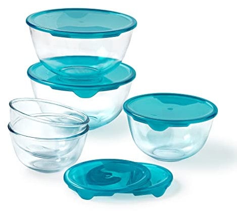 Pyrex - Lot de 5 Bols/Saladiers avec Couvercles - 2x0,5L + 1x1L + 2x2L - Verre Borosilicate - Extrême Résistance - Compatible Lave-Vaisselle - Made in France