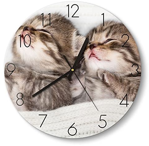 DEQORI Glasuhr | rund Ø 30 cm | Motiv Zwei schlafende Kätzchen | ausgefallene leise Design Uhr aus Glas | Wanduhr für Wohnzimmer & Küche | moderne Hingucker Uhr für die Wand