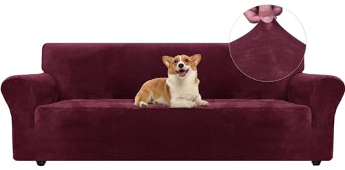 Ystyle Sofa Überzug Samt 4 Sitzer, Stretch Sofabezug, Sofaschoner rutschfest, Elastischer Sofa Bezug, Sofa Cover Mit Armlehnen, Bezug Sofa Sofaschutz Katze Couchschoner Sofa Decken, Weinrot
