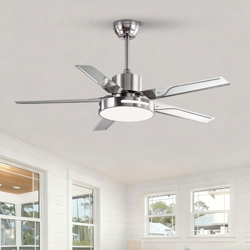 Moddeny Edelstahl-Deckenventilator mit Beleuchtung, 42-Zoll-Deckenventilator mit Beleuchtung und Fernbedienung, 3 Geschwindigkeiten, 3 Farben, Außendeckenventilatoren für Terrassen mit Licht