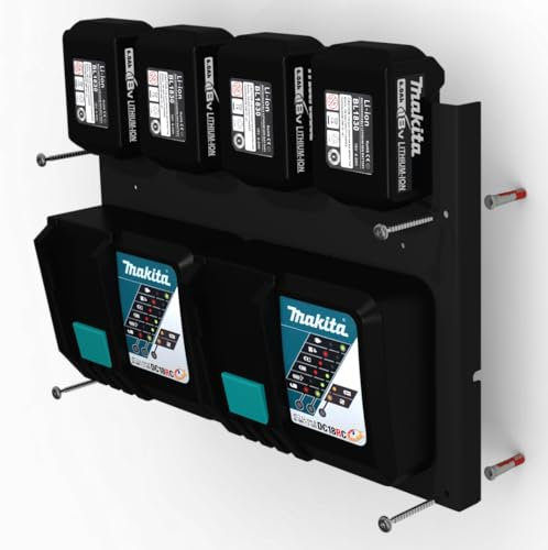 Wandhalterung: passend für Makita Akku 18V, Ladegerät DC18RC & DC18RD. Halterung für 4 Akkus und Ladestation + Befestigungsmaterial, Made in Germany (4er Halter + Ladegeräthalter)