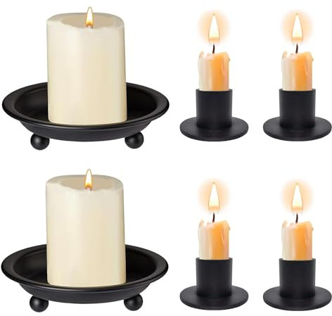 6 Stück kerzenständer schwarz Metall,2 Kerzentellern für Stumpenkerzen,4 Kerzenhalter für Stabkerzen, Halter für das Abendessen bei Kerzenschein,Wohn,Esszimmer und Schlafzimmerdekoration