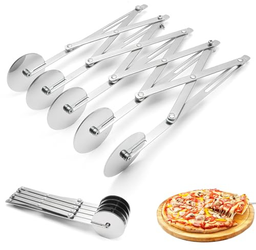 Cortador De Masa De Acero Inoxidable Con 5 Ruedas, Cortador de Pizza y pastas, Cortador de Pizza Ajustable, Cortapizzas Profesional, Cortapizzas para Hornear, Pastelería, Pan (Plateado)