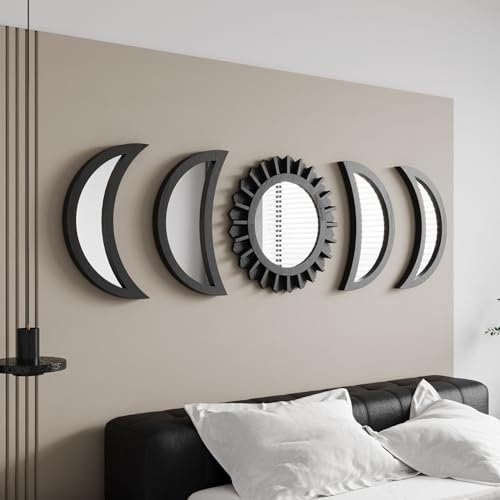 WAKOSAN Wandspiegel, Mondphasenspiegel-Set, Wanddekoration für Schlafzimmer, Bohemian-Stil, 5 Stück, Holz- und Echtglasspiegel mit kristallklarer Reflexion, Boho-Dekor, Mehrwinkel-Installation