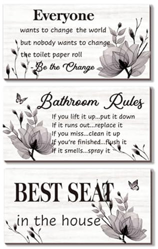 DONFENTHY Lot de 3 panneaux de décoration murale en bois rustique pour salle de bain, toilettes et salle de bain (noir 25,4 x 12,7 cm)