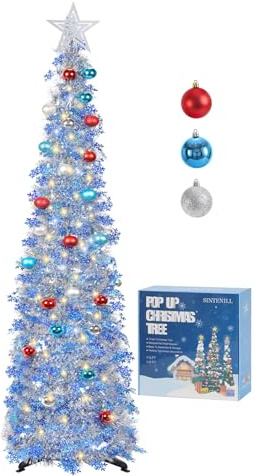 SINTENILL 5 FT Pop Up Christmas Tree with Timer Lights and Decorations, Silver Tinsel Artificial Christmas Tree with with 24 Ball Ornaments, Collapsible Pencil Christmas Tree for Indoor Home, Office