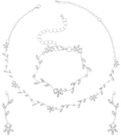 Yolev Bridal Jewelry Set Crystal Necklace Earrings Bracelet Wedding Rhinestone Choker Necklace for Brides Bridesmaid Jewelry Gifts (Silver)