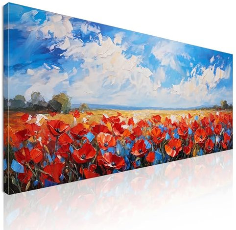 Quadro cucina moderna, quadro lungo xxl, quadro natura, Campo di Papaveri Rossi sotto un Cielo Blu Luminoso, su tela, intelaiato pronto da appendere bow10-105x50 cm