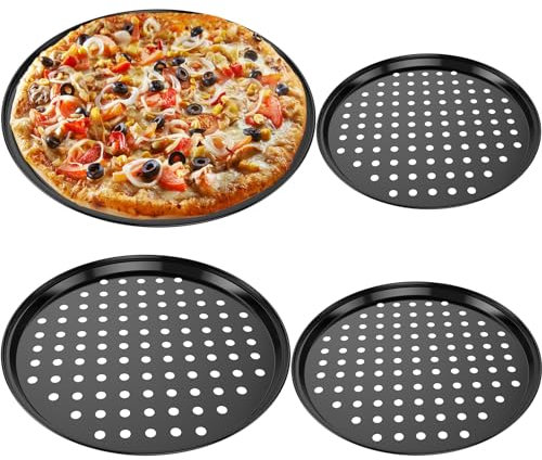 JTNero 3 teglie per pizza con fori perforati, 3 tagli/4 misure, in acciaio al carbonio, facile da scaricare, per pizza