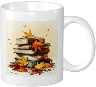 Autumn Leaf Book Stack Coffee Mug, White Fall Artistic Cozy Reading Mugs with Comfortable Handle, Ceramic Tea Cups for Homes, Offices, Cafes 11 Ounce