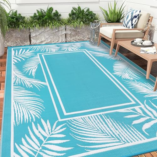 Enyhom Große Outdoor-Teppiche für den Garten, wasserdicht, 240 x 300 cm wendbare Outdoor-Matten, Kunststoff-Strohteppich, tragbar, faltbar, Picknick, gewebter Teppich für Wohnmobil, Terrasse, Türkis