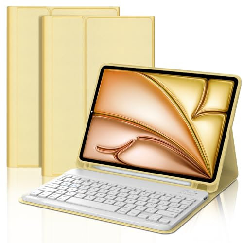 FOGARI Étui Clavier pour iPad Air 11 (M3 2025/M2 2024) - iPad Air 5/4 Clavier Magnétique AZERTY Français Clavier,Coque Arrière Antichoc, Housse Multiposition avec Fonction de Ranger Le Stylet, Jaune