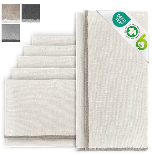 MIQIO® Design Baumwollservietten I 6er Set I 45x45 cm I Stoff-Servietten mit edler Ziernaht I 100% Bio-Baumwolle I GOTS, BCI und Ökotex Zertifiziert I Elfenbein (Ivory)