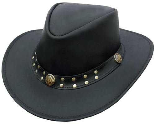 Cowboyhut aus Leder für Herren und Damen, Westernhut mit formbarer breiter Krempe, Lederhut im Aussie-Stil, Schwarz, XXL