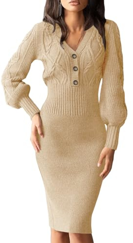 Cicy Bell Damen Pulloverkleid V-Ausschnitt Knielang Strickkleid mit Knopf Sexy Laterne Langarm Kleider Lang Winter Midikleid Khaki,S
