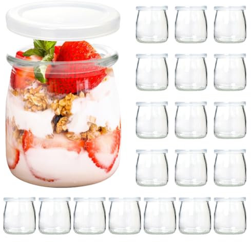 WELTOKE Vasos de yogur con tapa de 200 ml (20 unidades) – Vasos de postre con tapa, recipiente de cristal con tapa para pudín, mermelada, miel, postres, velas, lavavajillas, congelador, sin BPA