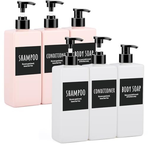 Segbeauty Distributeur Savon, 6 Pièces 500ml Bouteille Shampoing Vide, Distributeur Gel Douche, Distributeur Savon Plastique avec Etiquettes, pour Salle de Bain, Hôtel (Blanc + Rose)