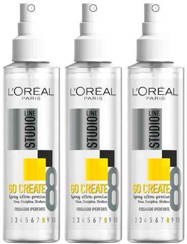 L'Oréal Paris Haarfixierspray Studio Line Go Create, ultrakräftige Befestigung, 8 Disziplin für Haarstruktur, 3 Flaschen à 150 ml