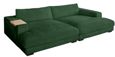 KAWOLA Big Sofa Madeline - Megasofa mit Holztablett Armlehne Natur, Couch Smaragd Cord, Wohnlandschaft XXL Modern
