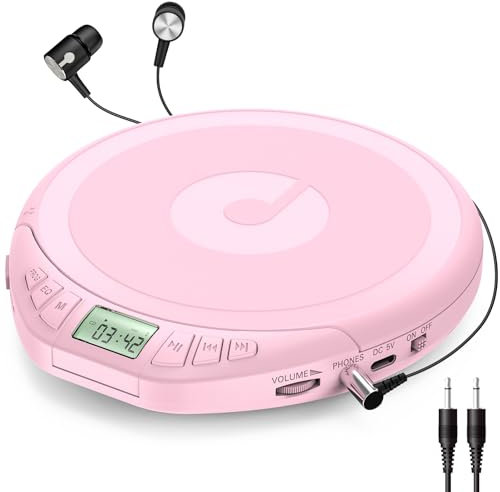 Gueray Lettore CD Portatile Personale con Cuffie Display LCD Protezione Anti-Skip HiFi Classic CD Music Player Supporto Funzione di Memoria PROG Lettore CD per Auto Casa (Rosa)
