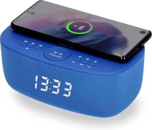 AIC Stylischer Radiowecker mit Bluetooth®, kabelloser Qi-Ladefunktion, Dual Alarm, sattem 6-Watt-Stereoklang, USB-Anschluss und 5 Stufen Dimmer. (Blau)
