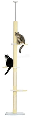 PawHut Kratzbaum deckenhoch Höhe 220-260 cm Katzenbaum mit Kratzsäulen, Spielbälle, Sisalstämme, Plattformen mehrstöckiger Katzenkratzbaum Kletterbaum für mittelgroße Katzen, Gelb