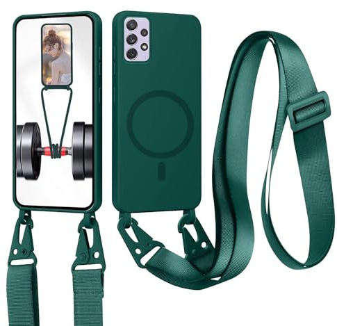 Handykette für Samsung Galaxy A33 Hülle mit Band Abnehmbar [Kompatibel mit Magsafe] Flüssig Silikon Necklace Handyhülle Magnetische Schutzhülle zum Umhängen Kordel für Samsung Galaxy A33, Dunkelgrün