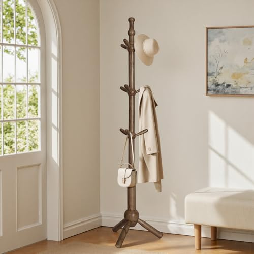 Bekrvio Adjustable Height Solid Wooden Coat Stand for Small Space, 9-Hook Coat Rack Stand with Tripod Base, Walnut Finish Freestanding Coat Stand for Hallway, Entryway-Load 90.7 kg