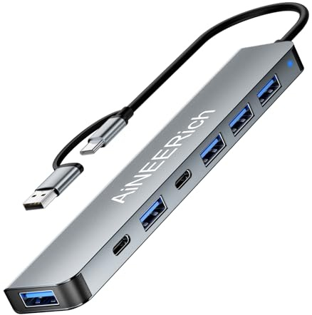 AiNEERich Adaptateur multiport USB C, hub USB de type C, adaptateur USB d'extension 3.0 2.0, hub USB 7 ports pour ordinateur portable, PC, Mac, MacBook Pro Air, iPad, ordinateur de bureau (gris) (7 en