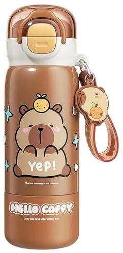 ZenithAura Trinkflasche Mit Strohhalm, taza de café de cerdo de agua dulce, bolsa de cosméticos, botella de agua kawaii, botella de agua caliente Capibara, botella de agua capibara, taza de capibara