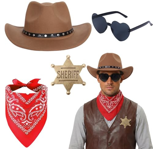 HarnyLoom Cowboy Hut Damen Herren Cowboyhut mit Herzförmige Brille Bandanas Anstecker, Cowboyhüte Outfits Zubehör für Karneval Fasching Halloween (Hellbraun)