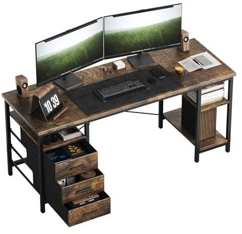 HOMRELEXA Computertisch, Schreibtisch mit 3 Schubladen und 3 Justierbaren Regalen, 120x60x75cm Umkehrbarer PC Tisch, Bürotisch Moderner Stil, für Büro Arbeitszimmer Schlafzimmer Wohnzimmer, Brandholz