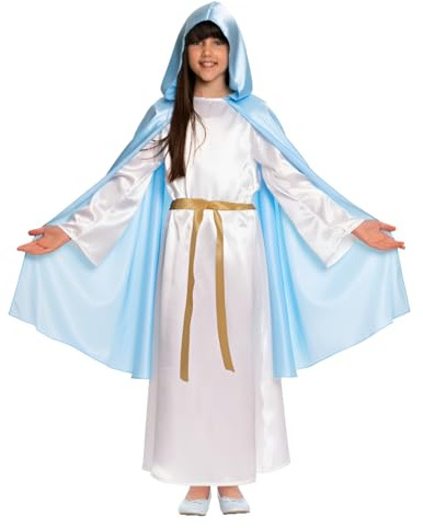 Magicoo Maria Kostüm Kinder Krippenspiel Mädchen - inkl. Kleid, Umhang, Gürtel - heilige Jungfrau Kostüm Weiß Blau (L Large (134-140))