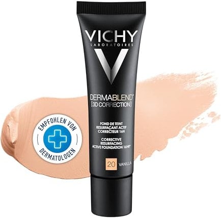 Vichy Dermablend [3D Correction], Teintkorrigierendes Make-up, Foundation bei unreiner und zu Akne neigender Haut, Ohne Maskeneffekt, Farbton: 20 vanilla, 30 ml