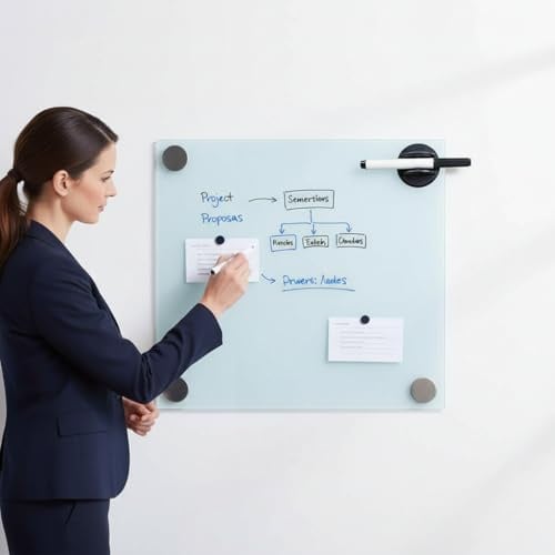 Melko Glasmagnettafel Whiteboard Pinnwand magnetisch 45x50 cm Weiß Glas | inkl. Stifteablage mit Magnetschwamm, Stift und 3 Neodym-Magnete, trocken abwischbar, für Küche, Büro und Kinderzimmer