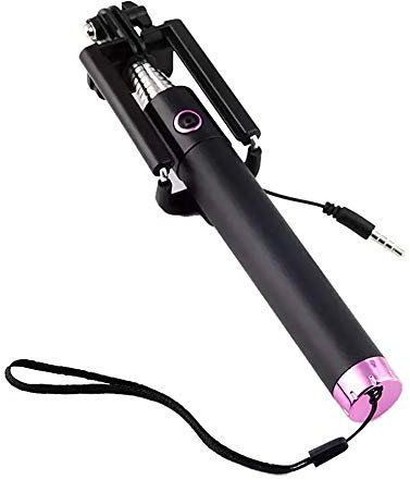 Shot Case - Perche Selfie Metal pour IPHONE SE Smartphone avec Cable Jack Selfie Stick Android iOS Reglable Bouton Photo (Couleur Rose)