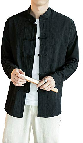 Homme Veste De Tang Chinois Vêtement Tai Chi Kung-Fu Chemise en Coton De Chanvre Noir XL