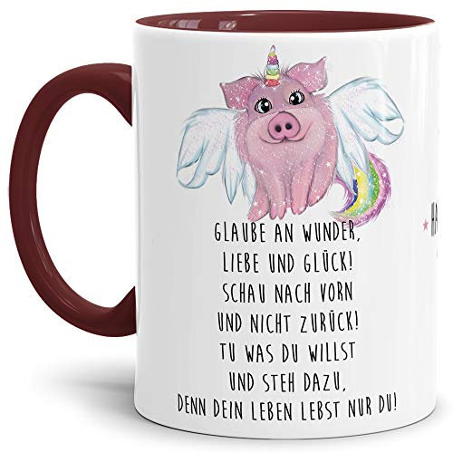 Neujahrs-Tasse Glaube an Wunder Glücks-schwein/Einhorn/Unicorn/Spruch/Innen & Henkel Weinrot